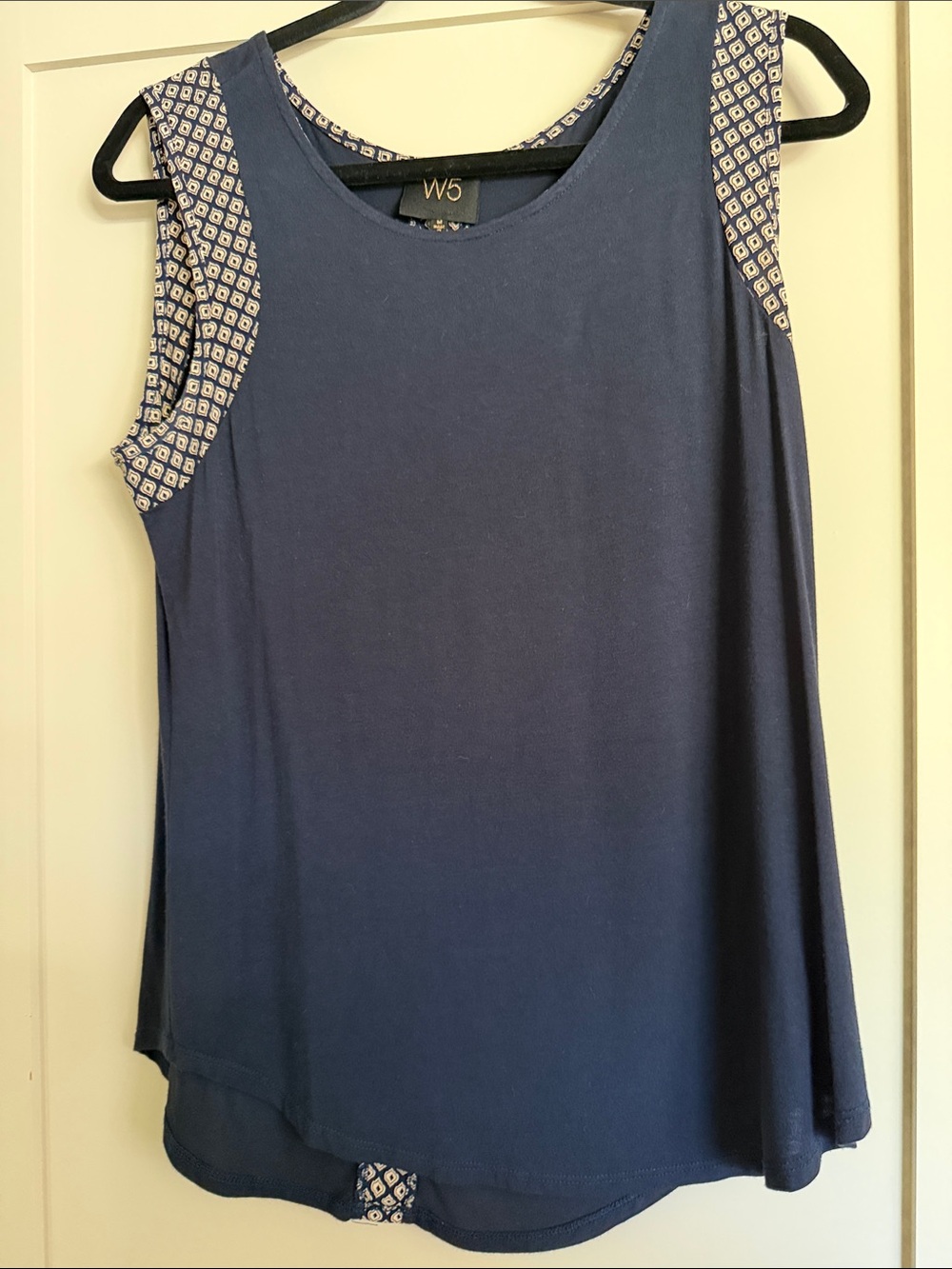 W5 Navy Blue Sleeveless Tank with Printed Shoulder Trim